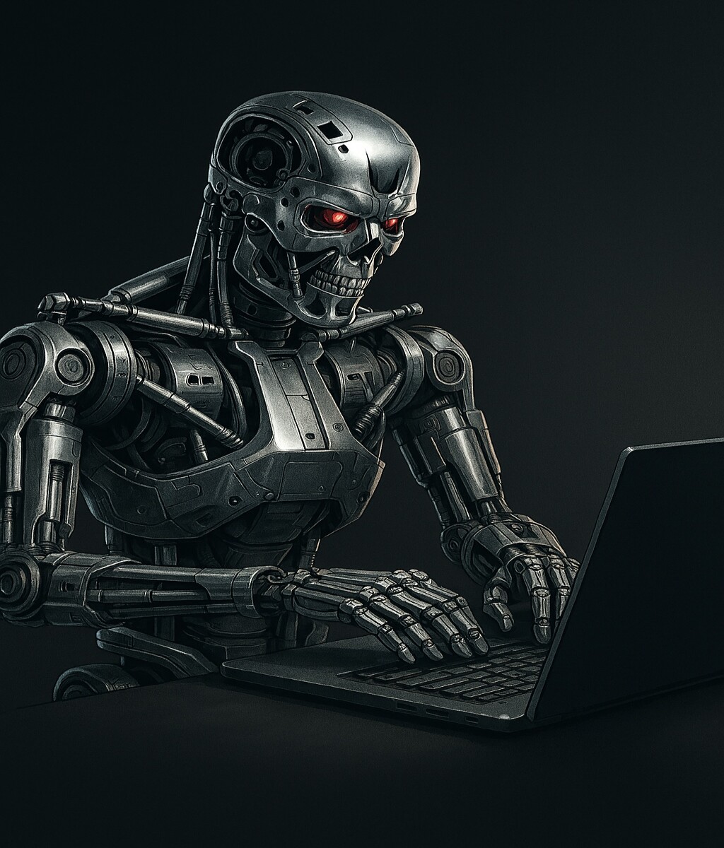 Terminator typing on a laptop