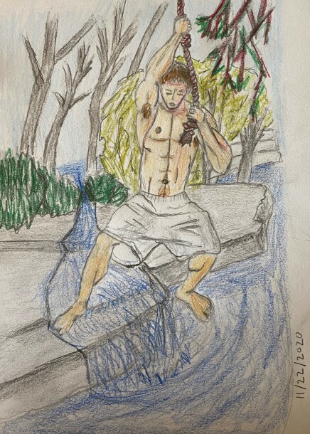 Man on a rope swing - revised drawing in pencil and colored pencil