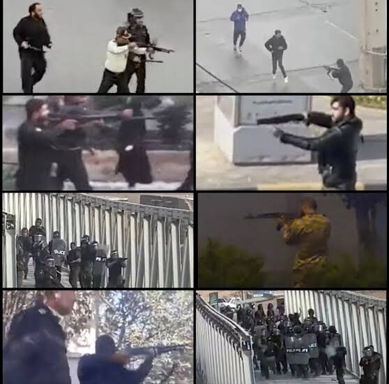 Images of the Islamic Republic of Iran forces firing live bullets at people protesting the government in the street
