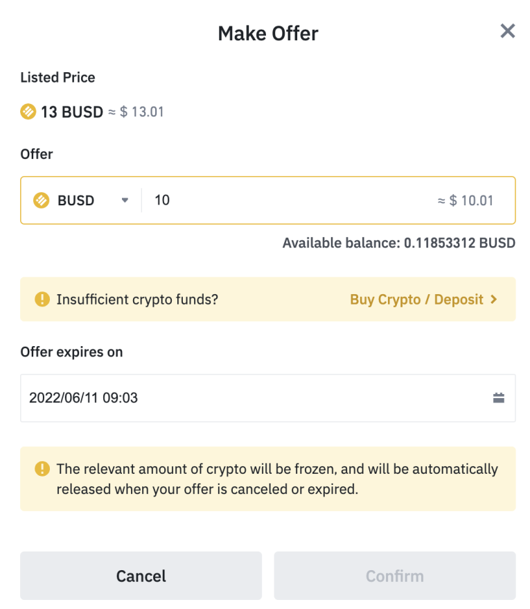 Binance NFT marketplace - make an offer