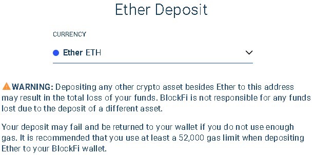 BlockFi recommended ETH deposit gas limit