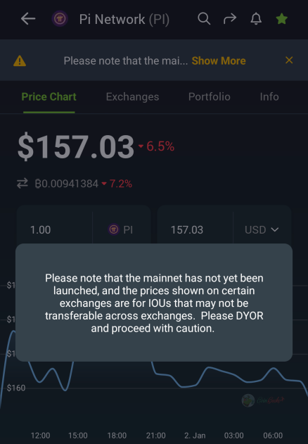 CoinGecko Pi Network warning message.