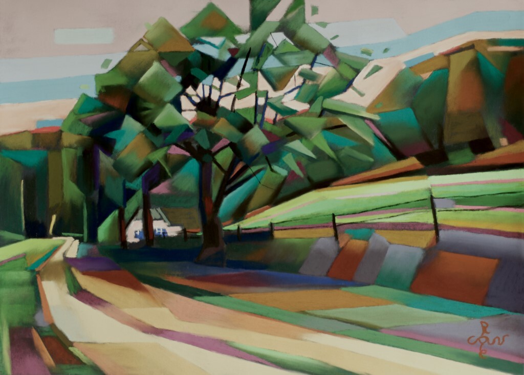 cubist treescape pastel drawing