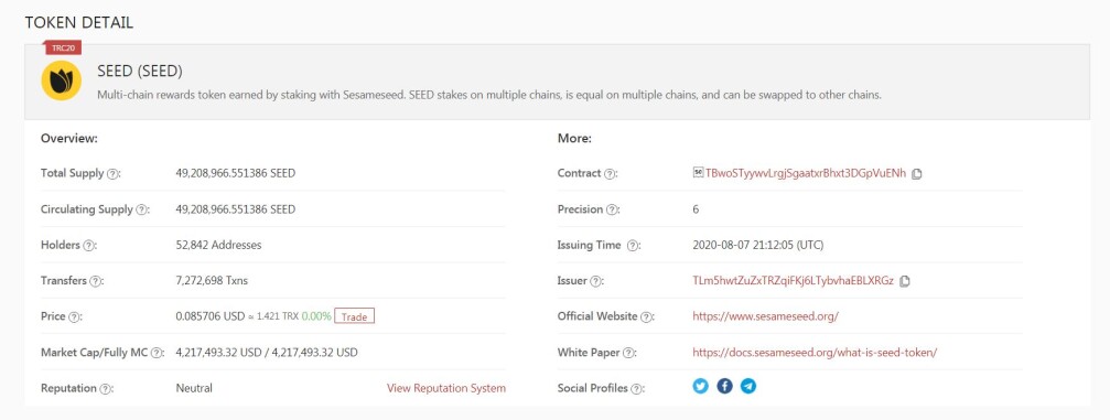 SEED on TronScan