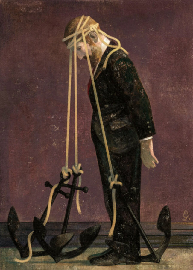 Illustration of a man with anchors on his head, by Gérard DuBois