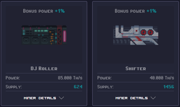 Modern miners designs on Rollercoin (greyed out), reminiscent of LEGOs