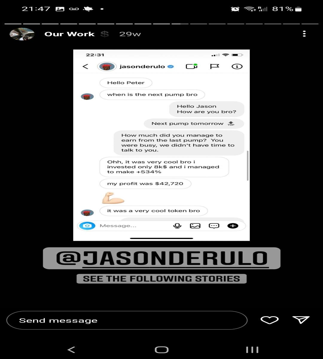 Screenshot of a 'verified' endorsement from Jason Derulo via IG messenger text