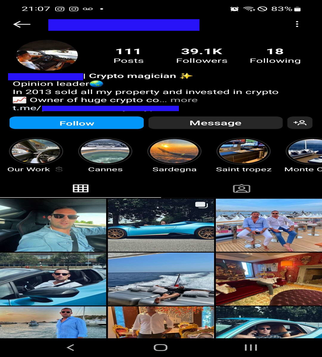 Main account for an Instagram user running a pump and dump operation via Telegram