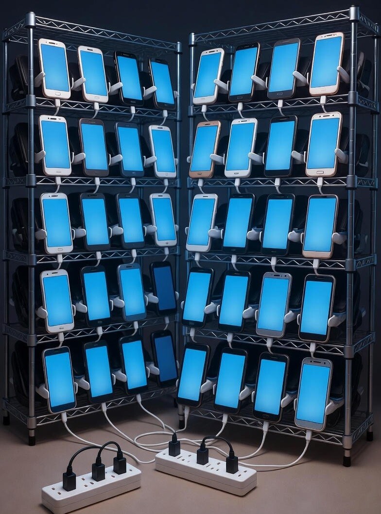 DIY phone farm: Android smartphones charging on metal wire racks with USB cables and power strips.