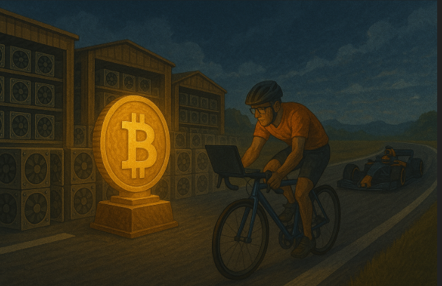 Bitcoin mining illustration showing a cyclist with a laptop racing against a Formula 1 car near mining warehouses, symbolizing the inefficiency of solo mining with personal devices.