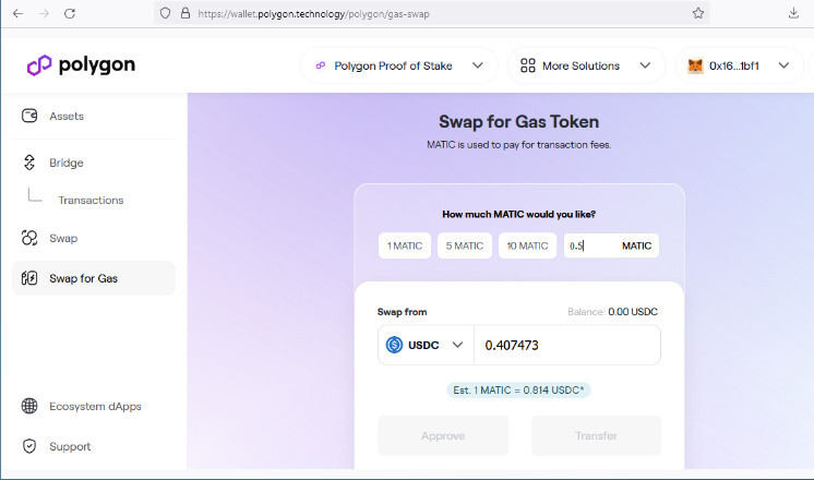 Swapping For Gas Token in Polygon Website