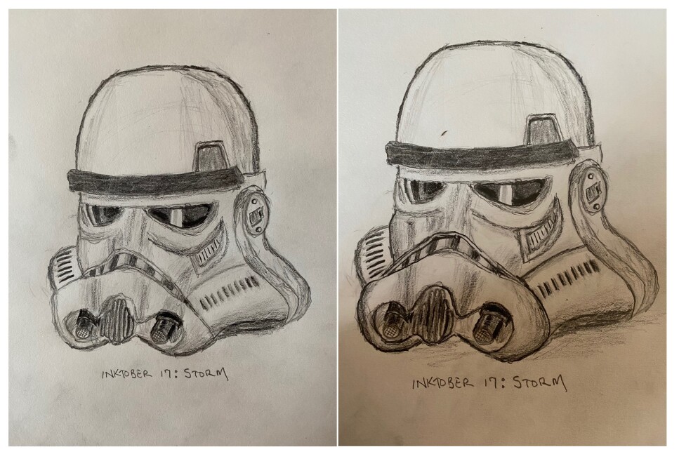Before and after drawing in pencil - storm trooper helmet