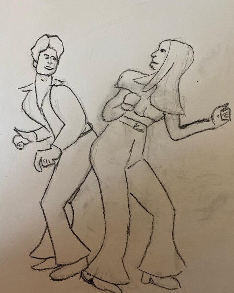 Line drawing of a man and woman dancing