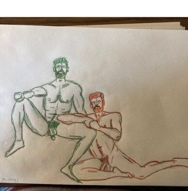 Joe leaning on Ahmad's leg - colored pencil and pencil