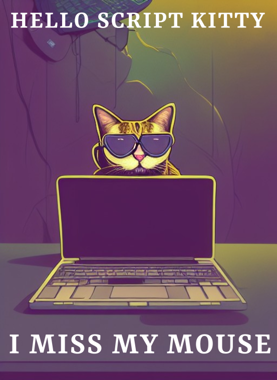 deepcrew AI generated cat sitting behind a laptop and the words