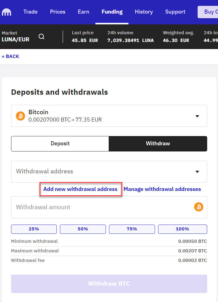 Adding a Withdrawal Address