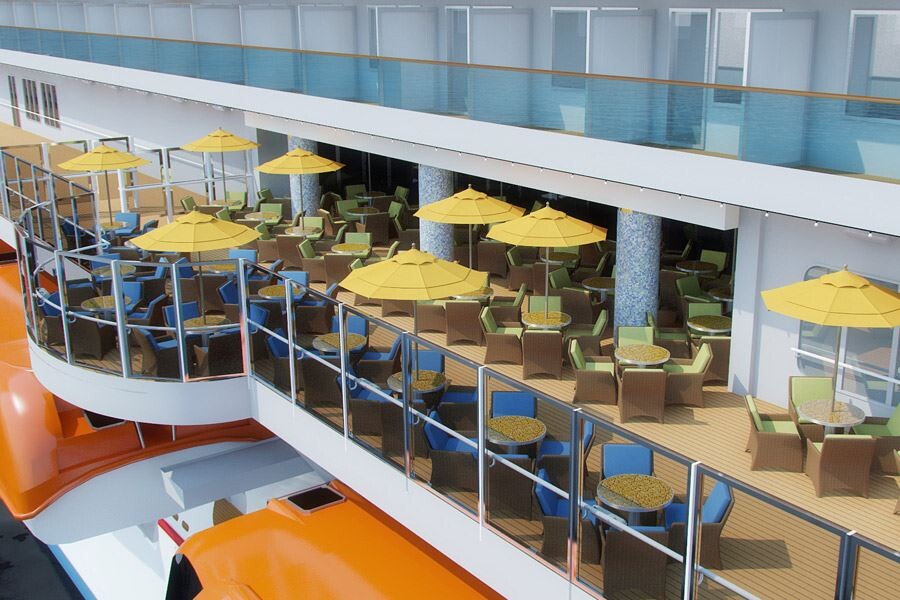 There are wonderful restaurants on the PROMENADE deck.  The Lanai BBQ. At this outdoor BBQ bar, you can sample Italian sausages, grilled chicken ribs, and of course the classic ham and beef sandwiches.