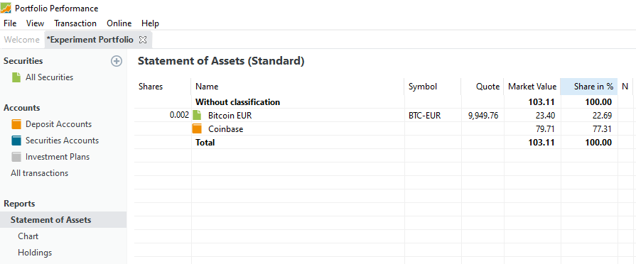 Statement of Assets after buying Bitcoin