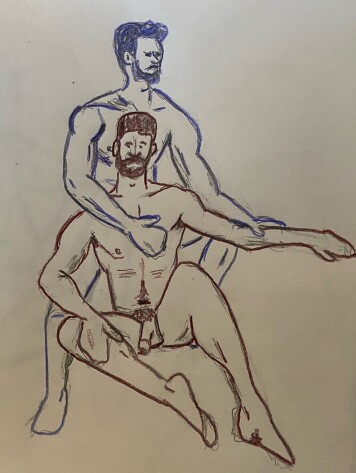 Ahmad and Joe posing casually together - 20 minute timed drawing, pencil with colored pencil outlining