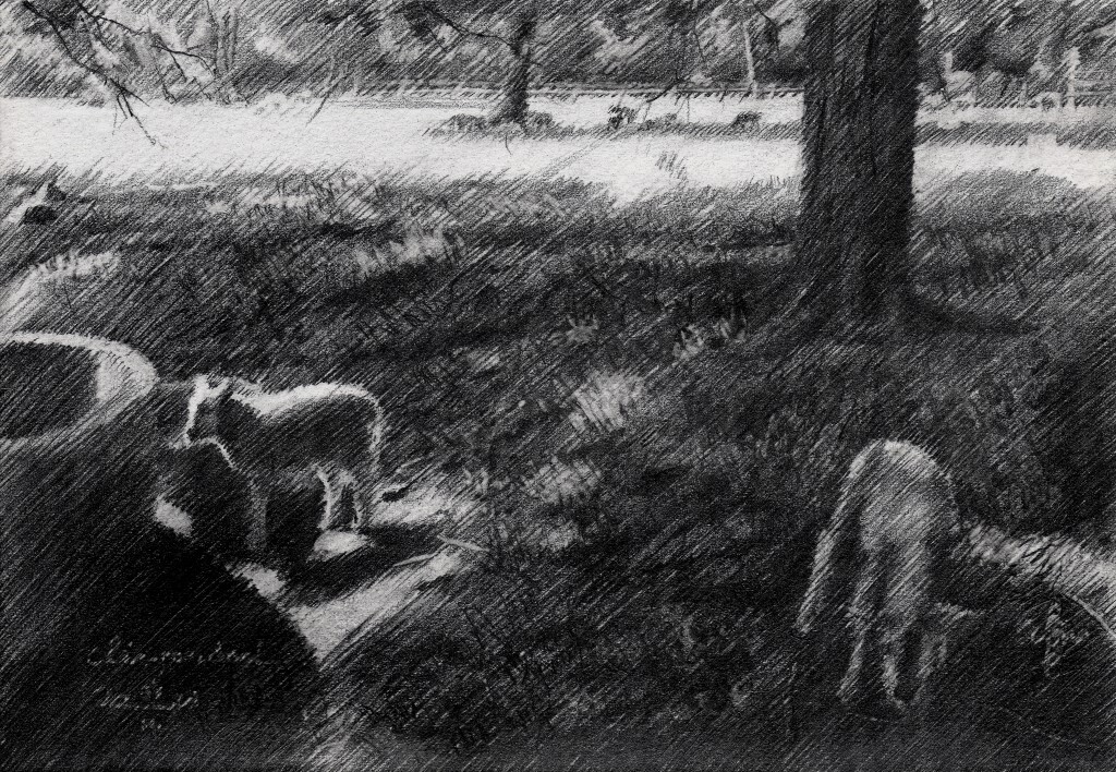impressionist landscape with lambs graphite pencil drawing