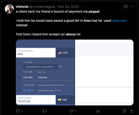 Screenshot of a Twitter post showing PayPal payment fees where $980 sent turns into $970 received, with users complaining about lost money compared to Wise.com.