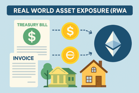A flat design digital illustration demonstrates Real World Asset (RWA) exposure in DeFi. The image includes tokenized representations of U.S. Treasury bills, invoices, and real estate, with arrows pointing to an Ethereum logo.