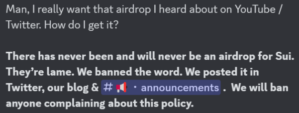 No Sui airdrop according to Discord.