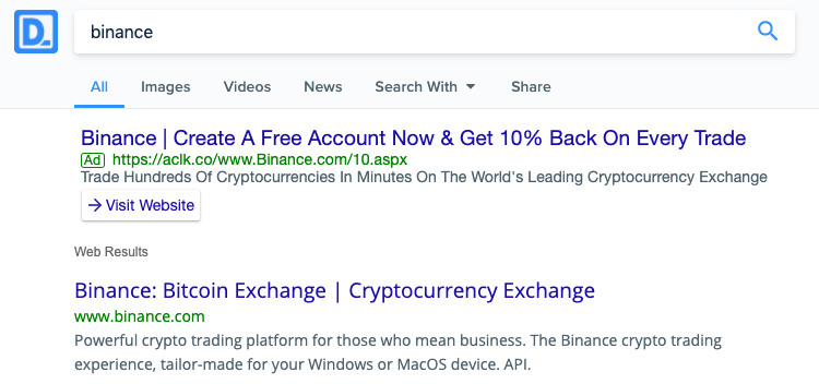 Searching for Binance on Presearch
