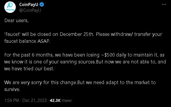 coinpayu update about their faucet earning