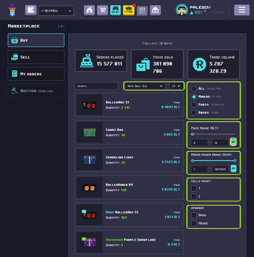 RollerCoin - Marketplace filter setup