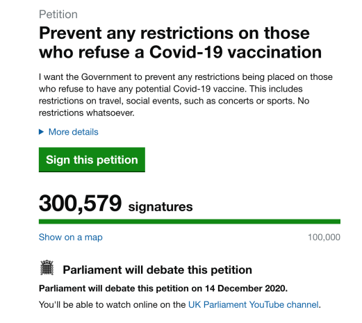 UK Parliamentary Anti COVID-19 Vaccinations Petition 300k