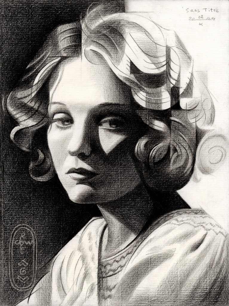 cubist celebrity female portrait graphite pencil drawing