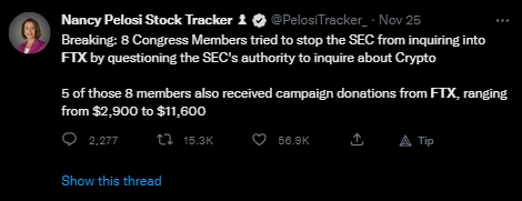 Nancy Pelosi claiming members of Congress tried to stop the SEC from inquiring into FTX due to past Donations
