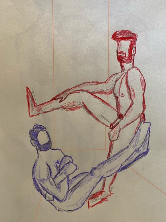 Ahmad and Joe in the hallway - colored pencil drawing