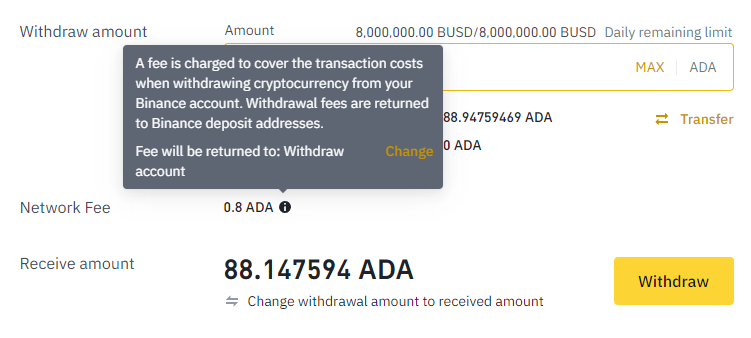 Binance Network Fee Tooltip