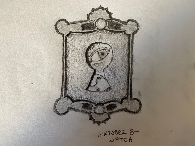 Man's eye seen peering through a vintage keyhole - pencil drawing