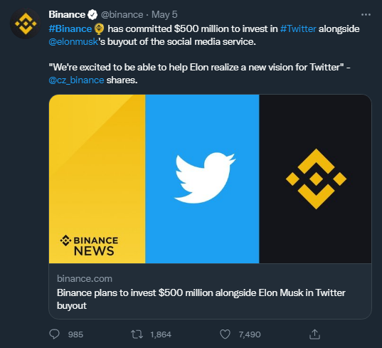 Binance tweet on $500 million twitter support