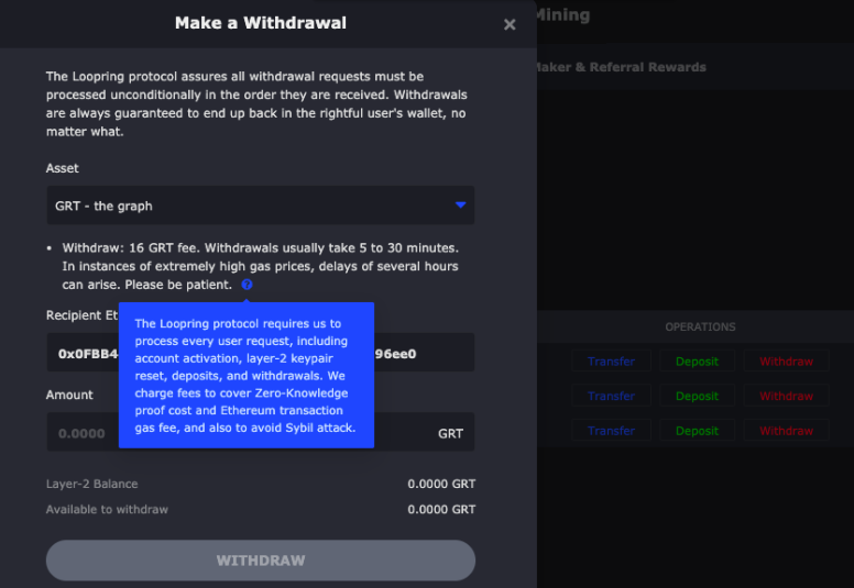 GRT Loopring Withdraw Fee