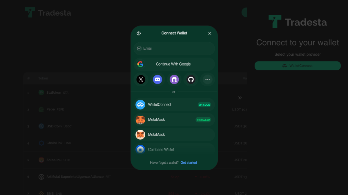 This image shows the TradeSta.ai Swap platform opening wallet connect