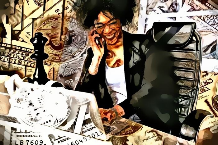 A woman laughing on the phone beside a black queen chess piece and overlaid with fiat and cryptocurrency