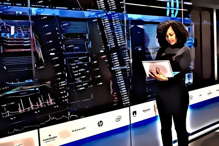 A woman standing with a laptop in front of computer equipment overlaid with a candlestick chart