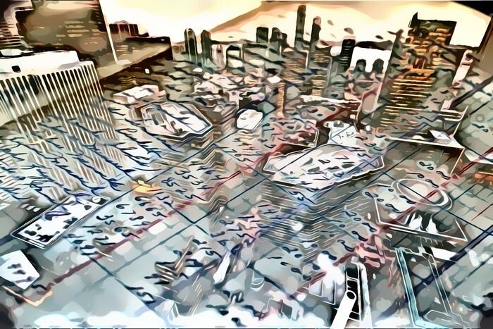 A cityscape overlaid with a  paper financial ledger