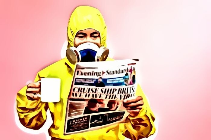 A man in a hazmat suit, drinking coffee and reading a newspaper