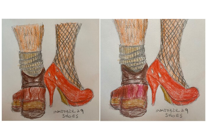Before and after drawing in pencil and colored pencil - shoes