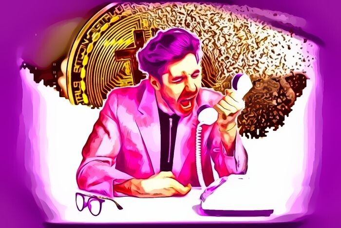 A man yelling into a phone, against the backdrop of a disintegrating