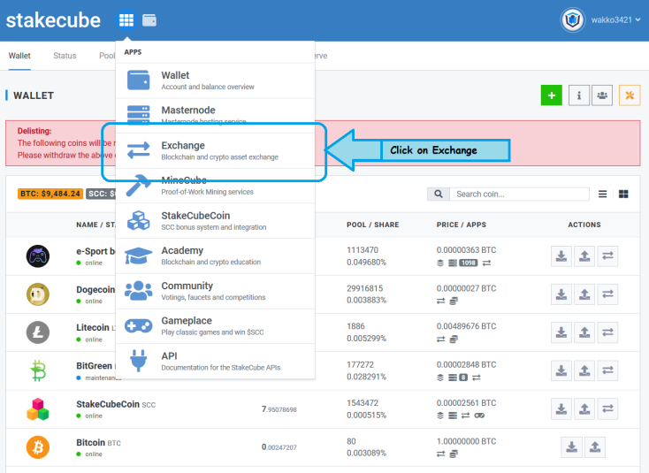 Click on menu, then Exchange