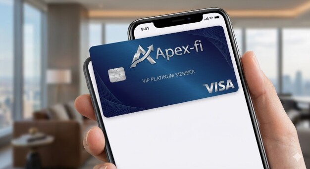 Close-up of a smartphone displaying a premium 'Apex-fi' branded blue platinum virtual Visa card, illustrating the UI customization possible with white-label crypto card infrastructure.