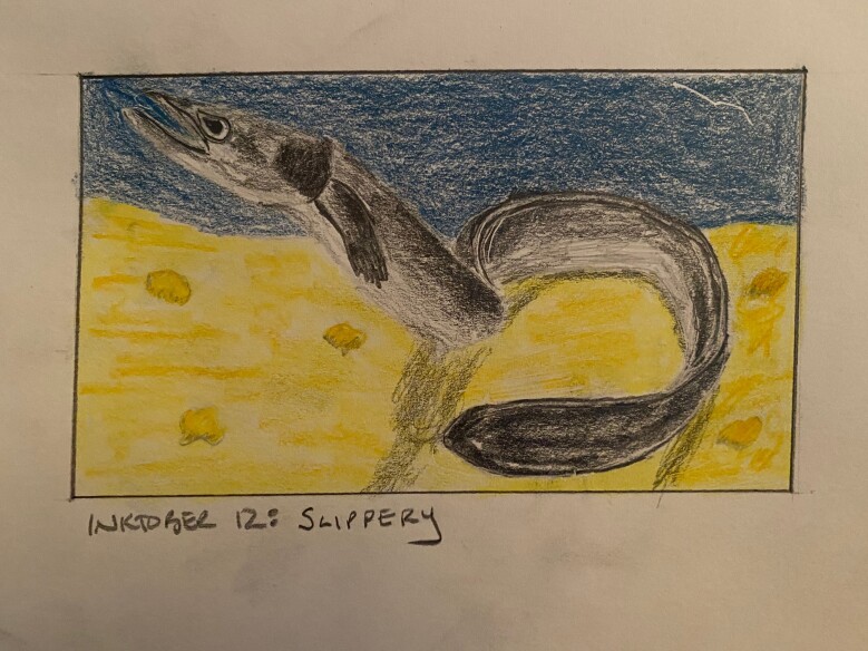 Eel on the sea floor - drawing in pencil and colored pencil
