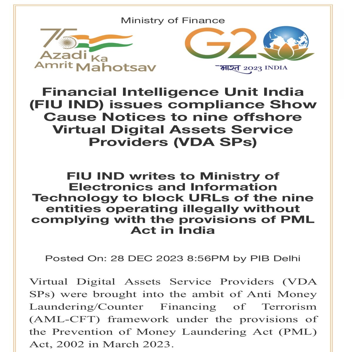 FIU takes this step of recommendation to ban URLs for 9 offshore crypto exchanges in India with PML Act 2023
