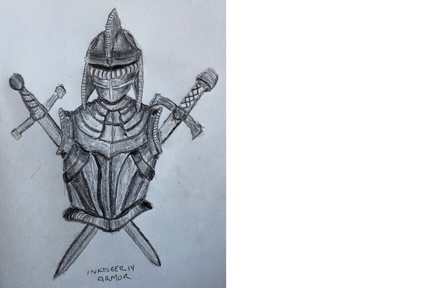 Breastplate and helmet with crossed swords - drawing in pencil
